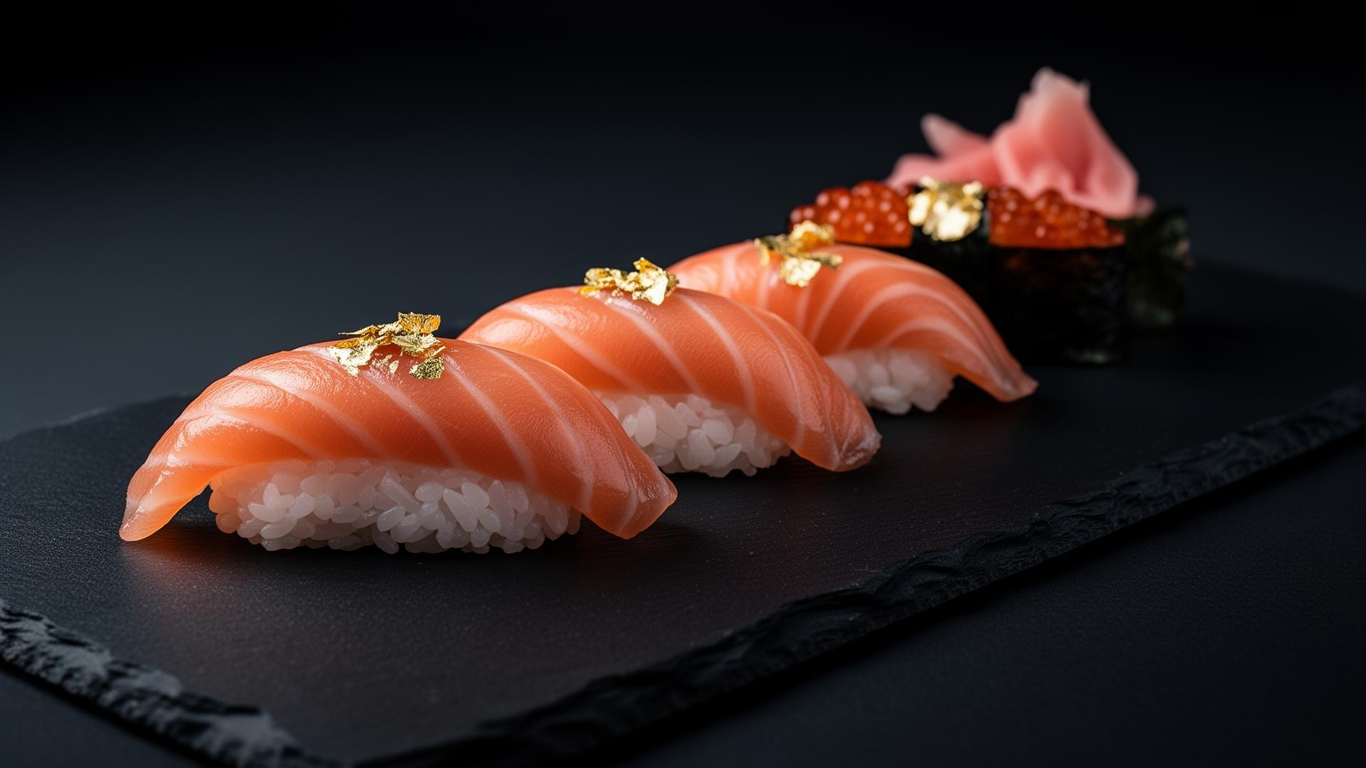 Premium salmon nigiri with gold leaf